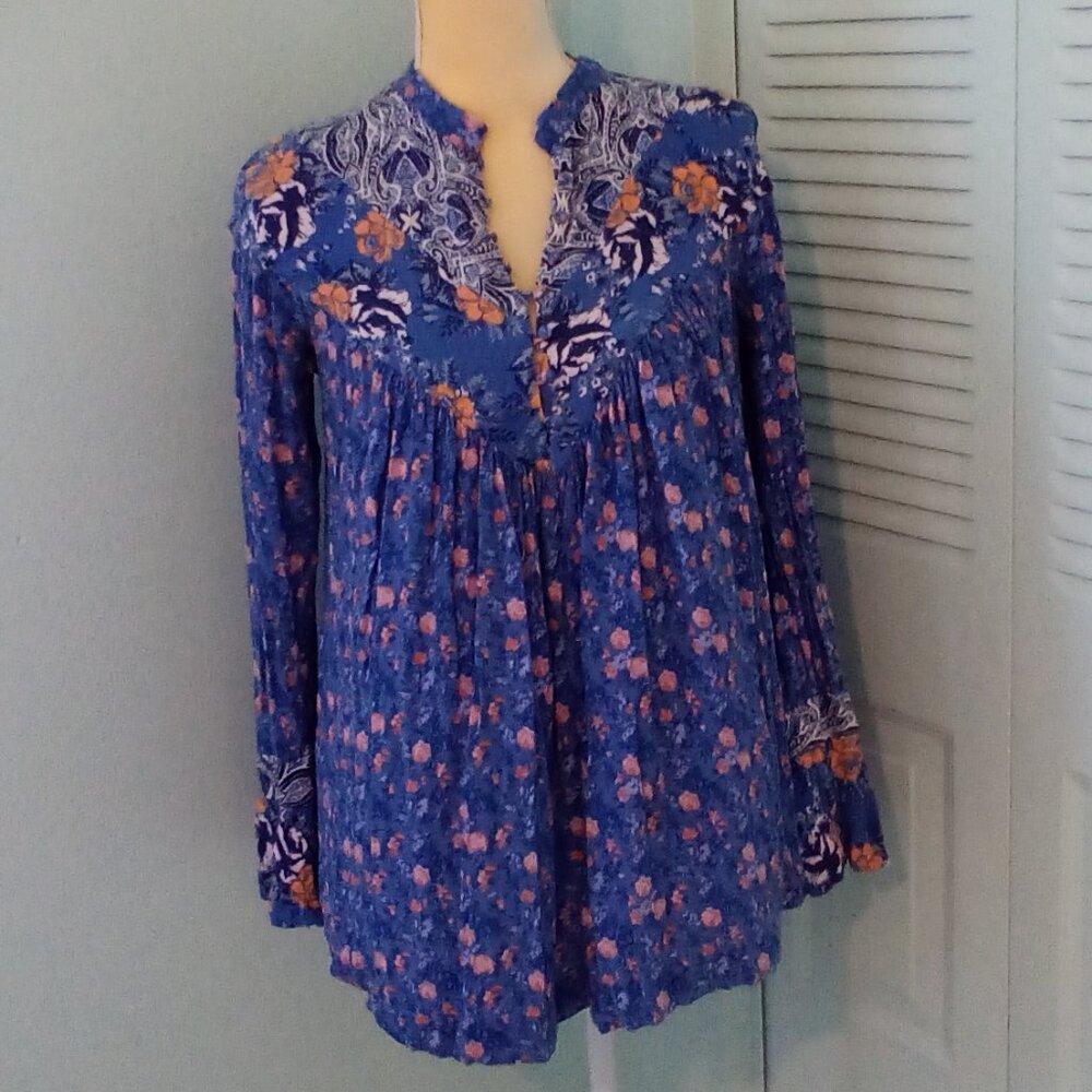 FREE PEOPLE WILDFLOWER FIELDS FLORAL MINI TUNIC BELL SLEEVES PATCHWORK DESIGN S